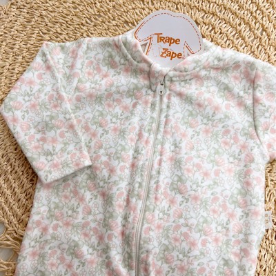 Macacão em Soft com Abertura em Zíper Flores - Off White e Rose